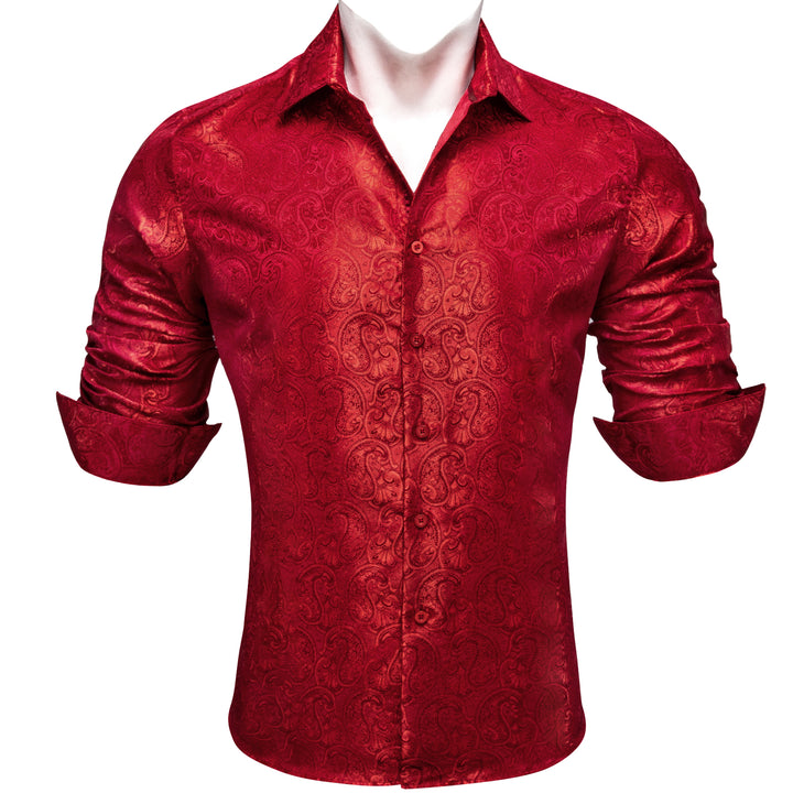 Red Paisley Pattern Silk Men's Long Sleeve Shirt