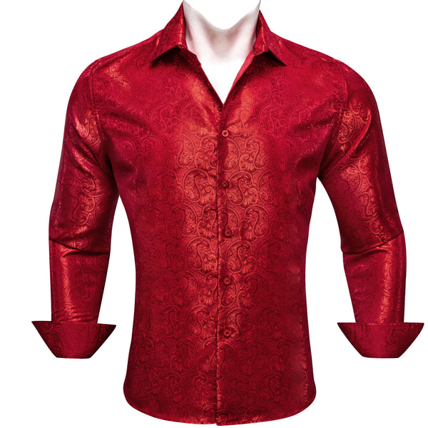 Red Paisley Pattern Silk Men's Long Sleeve Shirt