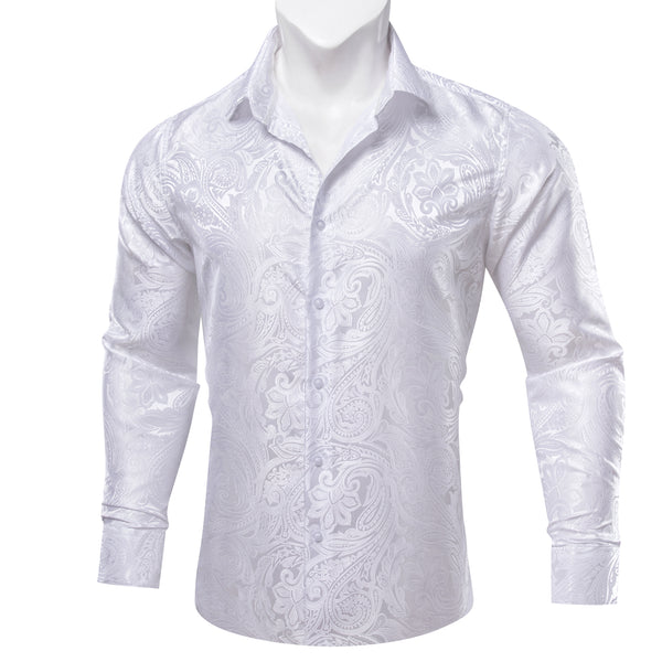 Classic White Paisley Silk Formal Casual Dress Men's Long Sleeve Shirt