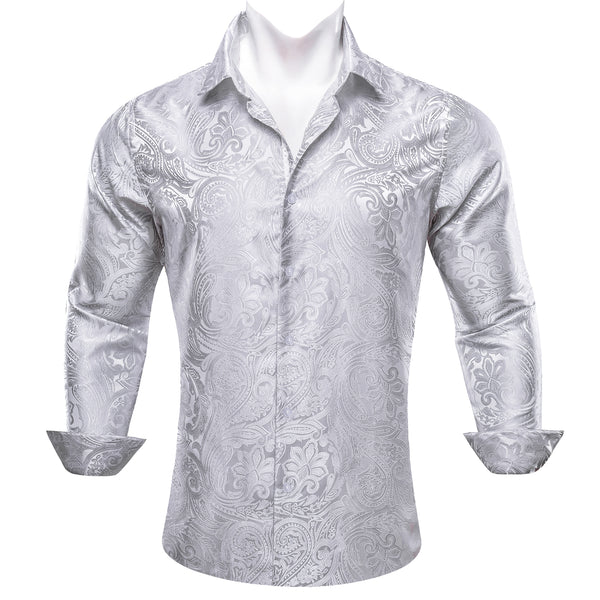 Classic Silver Paisley Silk Men's Long Sleeve Shirt