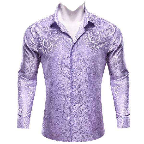 Stylish Light Purple Paisley Silk Men's Casual Business Long Sleeve Shirt