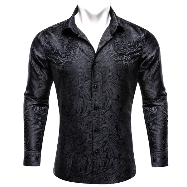 Classic Black Paisley Silk Formal Casual Men's Long Sleeve Dress Shirt
