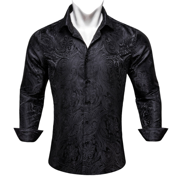 Classic Black Paisley Silk Men's Long Sleeve Shirt
