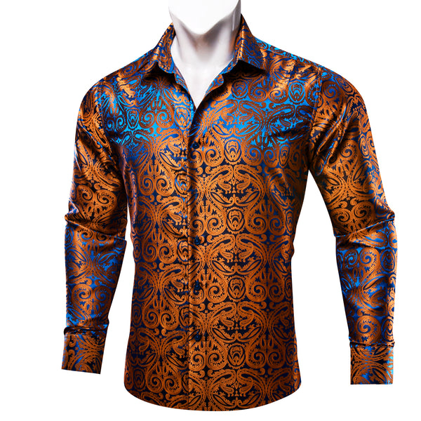 Luxury Shiny Brown Paisley Silk Men's Casual Business Long Sleeve Shirt