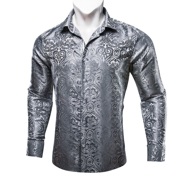 Classic White Silver Silk Men's Casual Business Long Sleeve Shirt