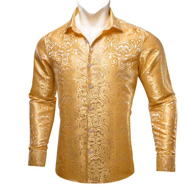 Bright Yellow Paisley Silk Men's Casual Business Long Sleeve Shirt