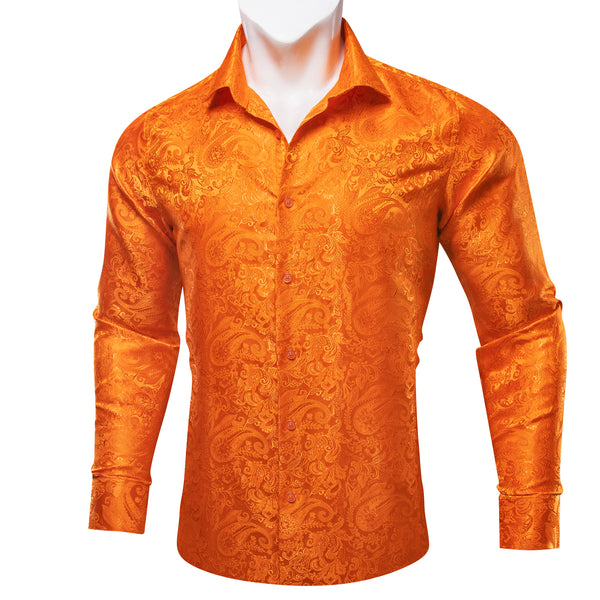 Orange Paisley Silk Men's Casual Business Long Sleeve Suit Shirt