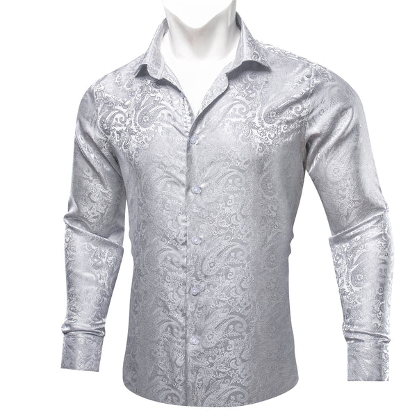 Classic Pure Silver Paisley Silk Men's Casual Business Long Sleeve Shirt