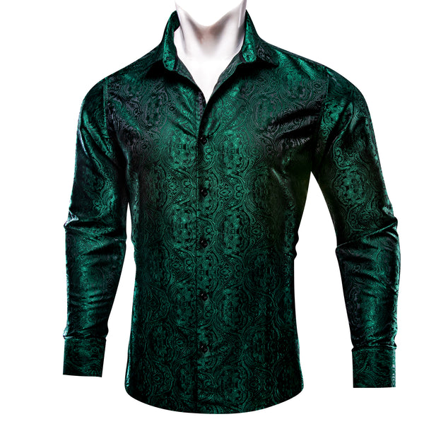 Dark Green Paisley Men's Casual Business Long Sleeve Shirt