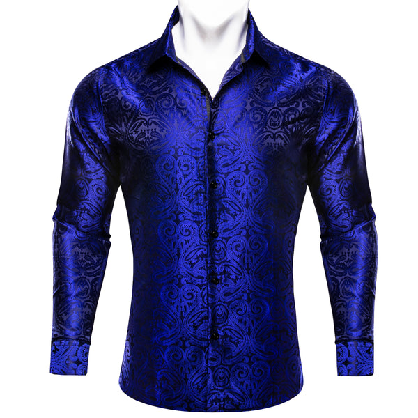 Navy Blue Paisley Silk Men's Casual Business Long Sleeve Shirt