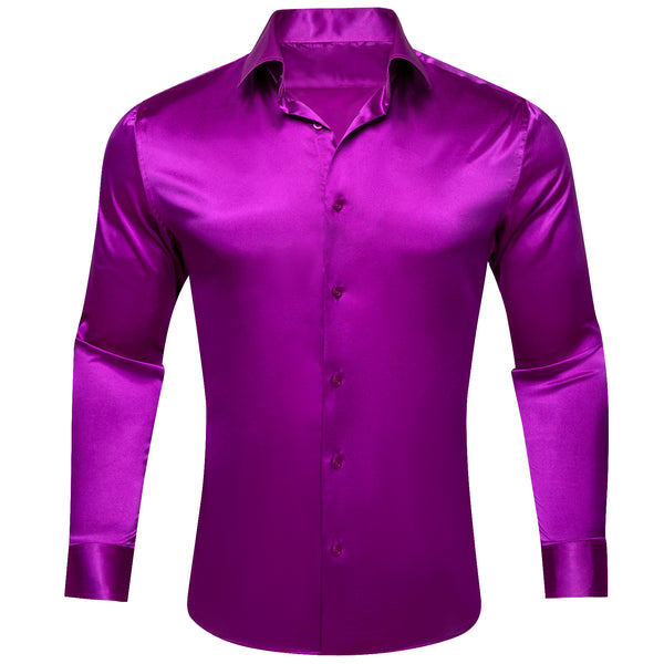 Dark Purple Solid Satin Silk Men's Long Sleeve Shirt
