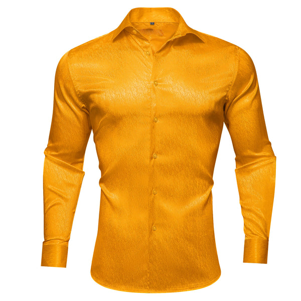 Golden Solid Woven Silk Men's Long Sleeve Shirt