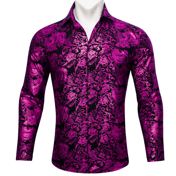 Purple Black Floral Paisley Silk Men's Long Sleeve Shirt