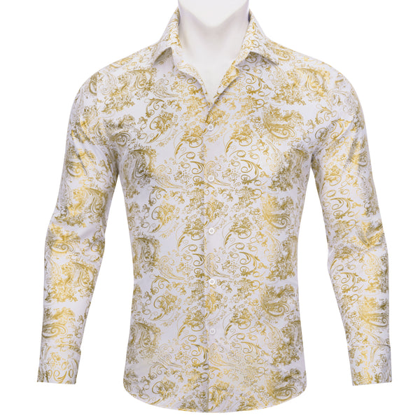 Gold White Floral Paisley Silk Men's Long Sleeve Shirt