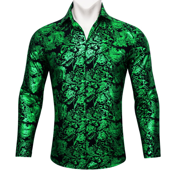 Emerald Green Floral Paisley Silk Men's Long Sleeve Shirt