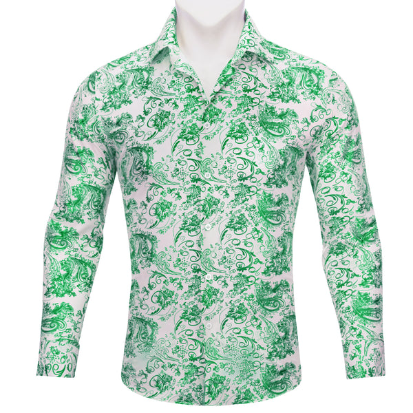 White Green Floral Paisley Silk Men's Long Sleeve Shirt