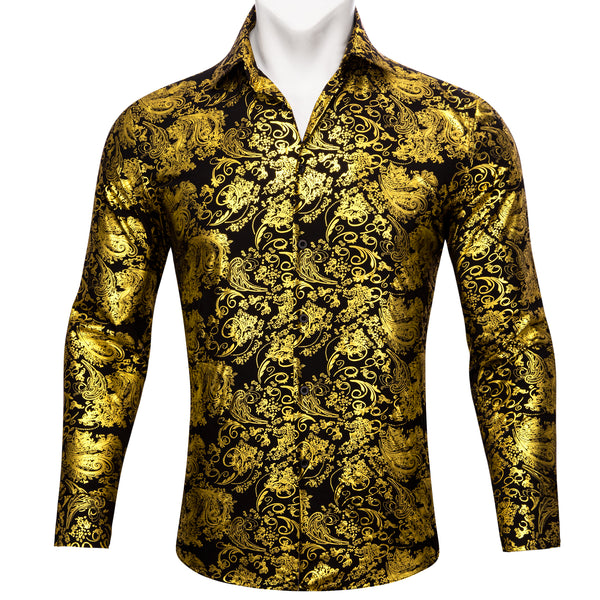 Yellow Black Floral Paisley Silk Men's Long Sleeve Shirt
