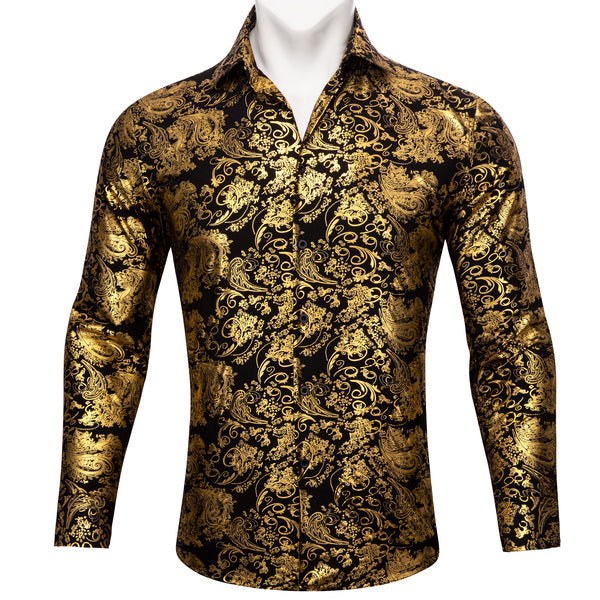 Gold Black Floral Paisley Silk Men's Long Sleeve Shirt