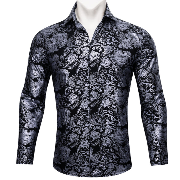 Grey Black Floral Paisley Silk Men's Long Sleeve Shirt