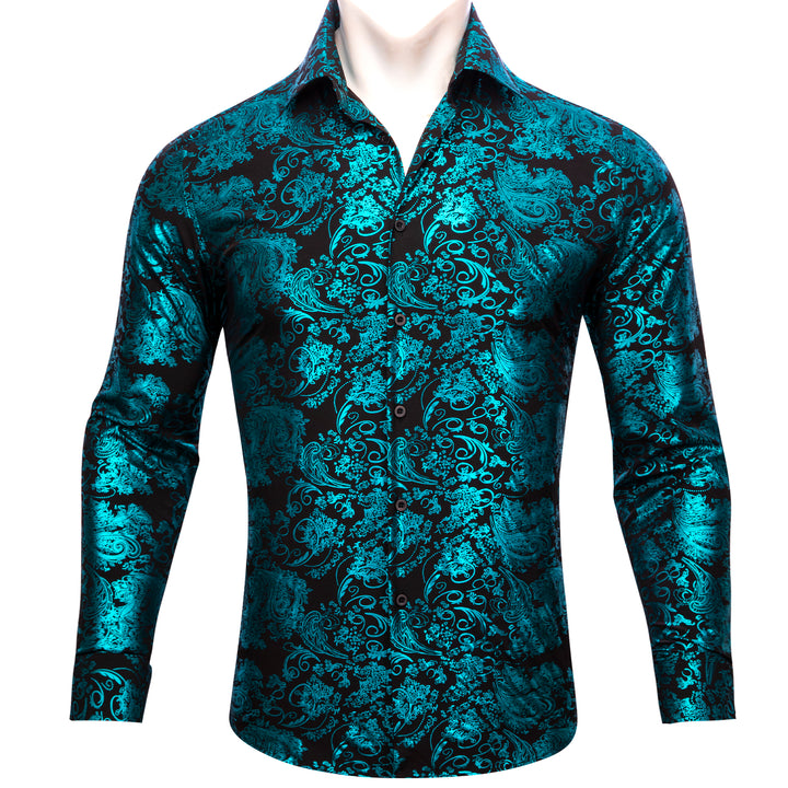 Teal Blue Green Floral Paisley Silk Men's Long Sleeve Shirt