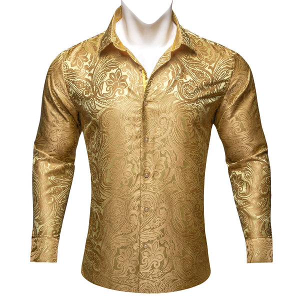 Ties2you Men's Long Sleeve Shirt Granola Yellow Paisley Flower Pattern Silk Shirt