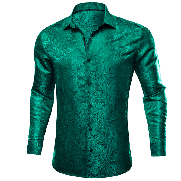 Green Paisley Silk Men's Casual Business Long Sleeve Shirt