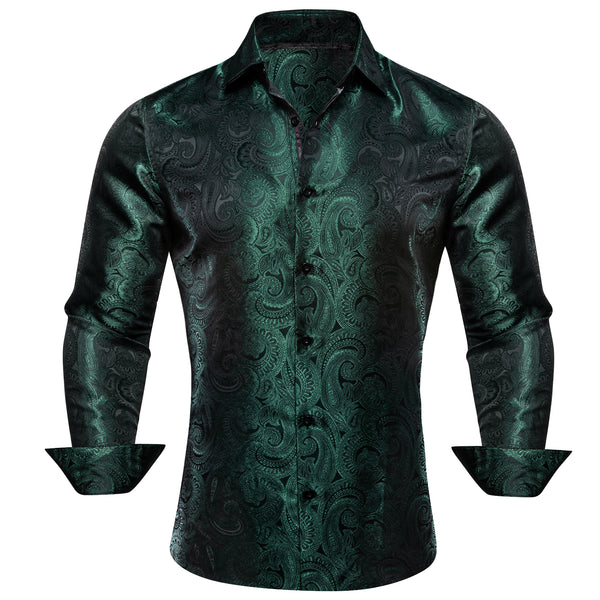 Luxury Green Paisley Pattern Silk Men's Long Sleeve Shirt