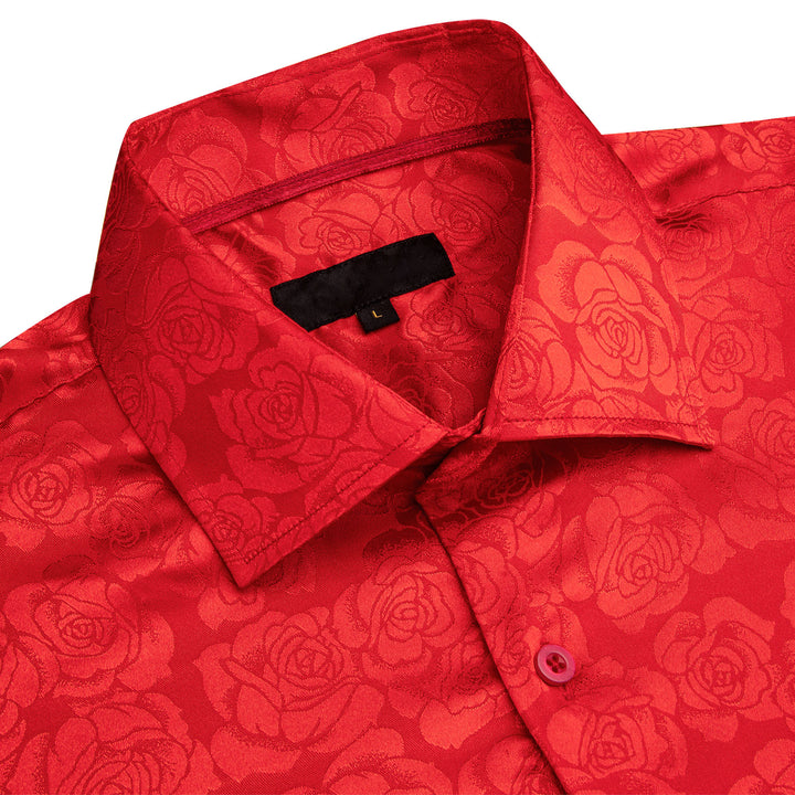 Pure Red Floral Rose Silk Men's Long Sleeve Shirt