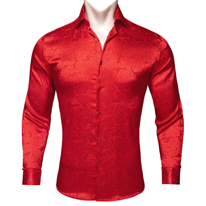 Pure Red Floral Rose Silk Men's Long Sleeve Shirt