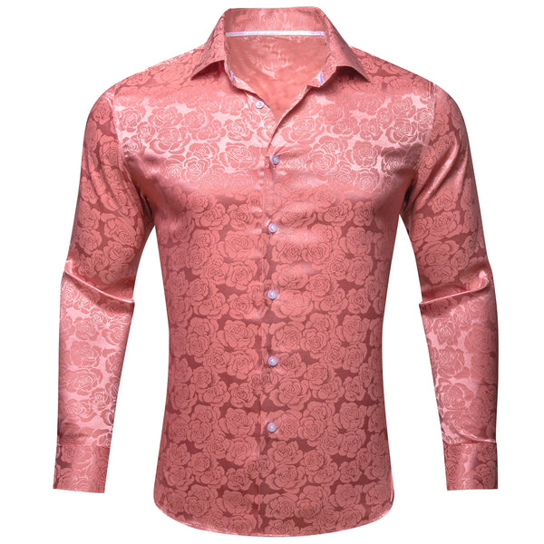 Rose Pink Floral Silk Men's Long Sleeve Shirt