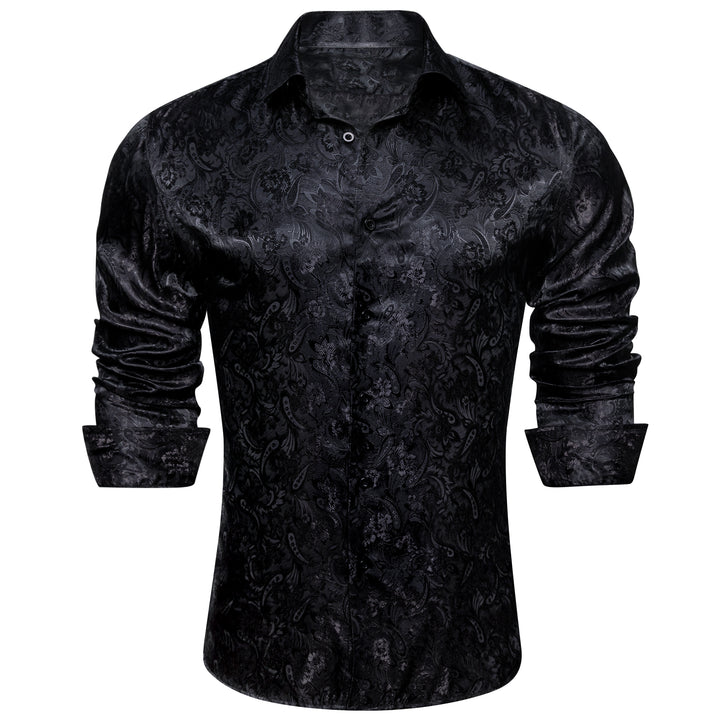 Black Floral Silk Men Long Sleeve Shirt