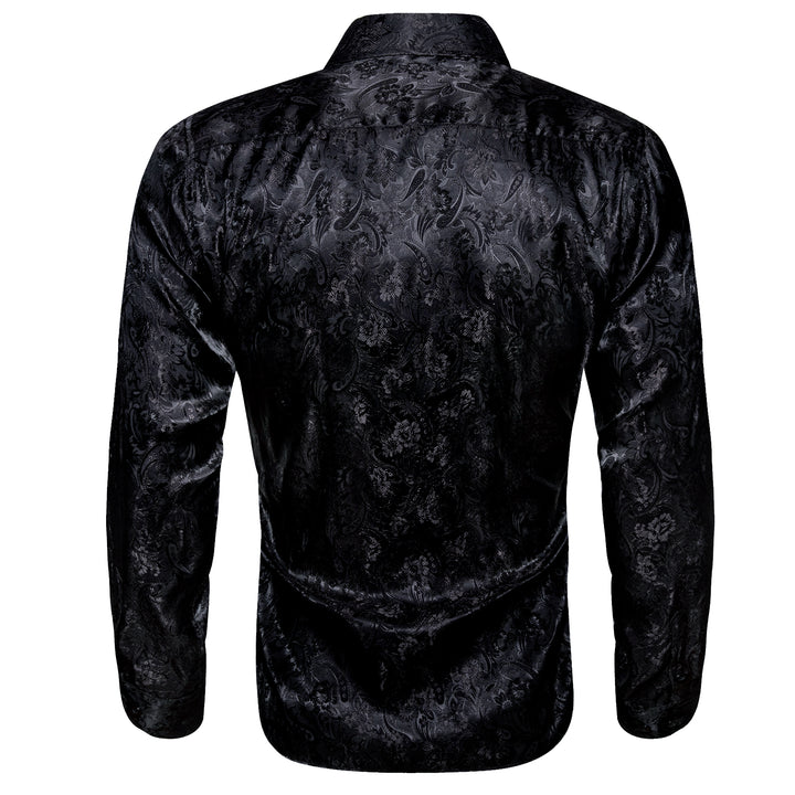 Black Floral Silk Men Long Sleeve Shirt