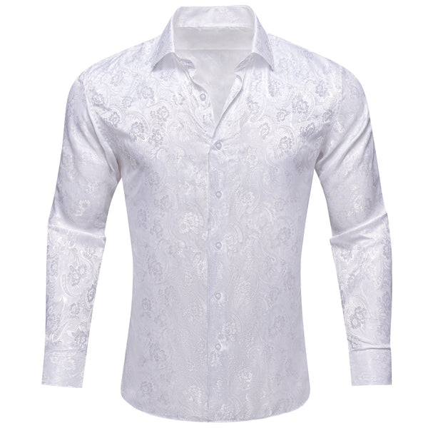 White Floral Silk Men Long Sleeve Shirt