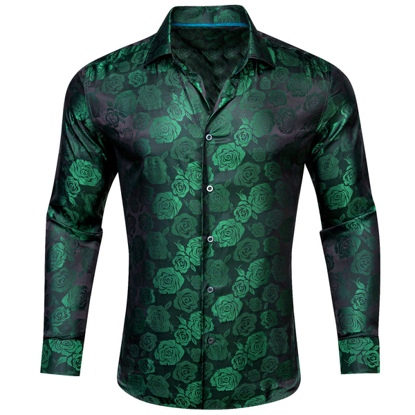 Green Black Floral Rose Silk Men's Long Sleeve Shirt