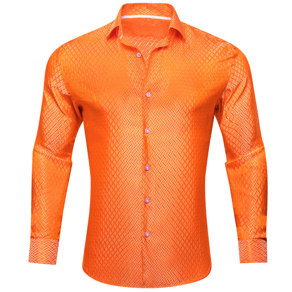 Bright Orange Plaid Silk Men's Long Sleeve Shirt