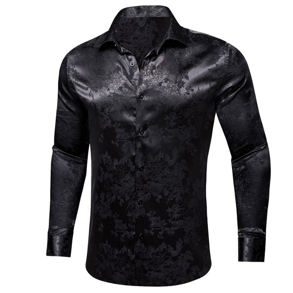 Black Floral Satin Silk Men's Long Sleeve Shirt