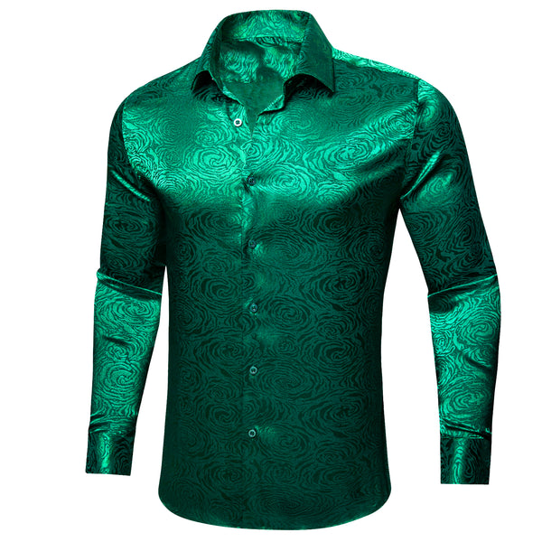 New Emerald Green Floral Rose Satin Silk Men's Long Sleeve Shirt
