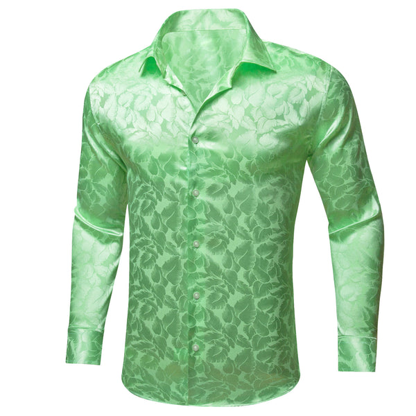 Turquoise Green Floral Leaf Silk Men's Long Sleeve Shirt