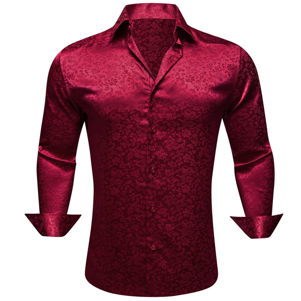 Dark Red Floral Men's Long Sleeve Shirt