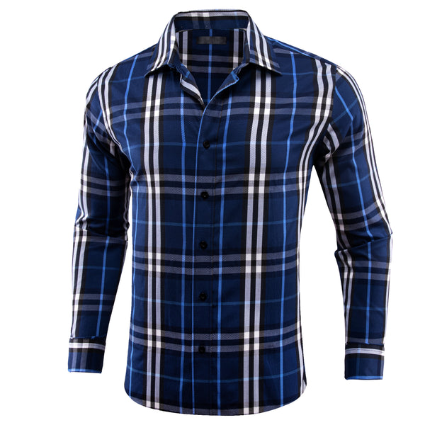 Blue Grey Plaid Men's Long Sleeve Work Shirt