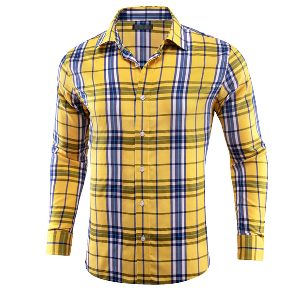 Yellow Blue Plaid Men's Long Sleeve Work Shirt