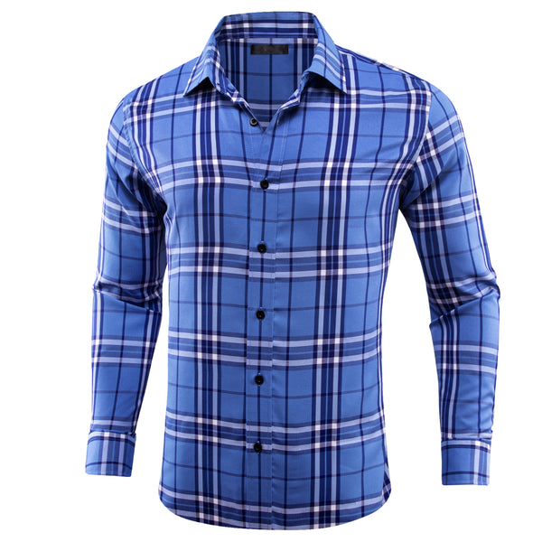 Ocean Blue Plaid Men's Long Sleeve Work Shirt