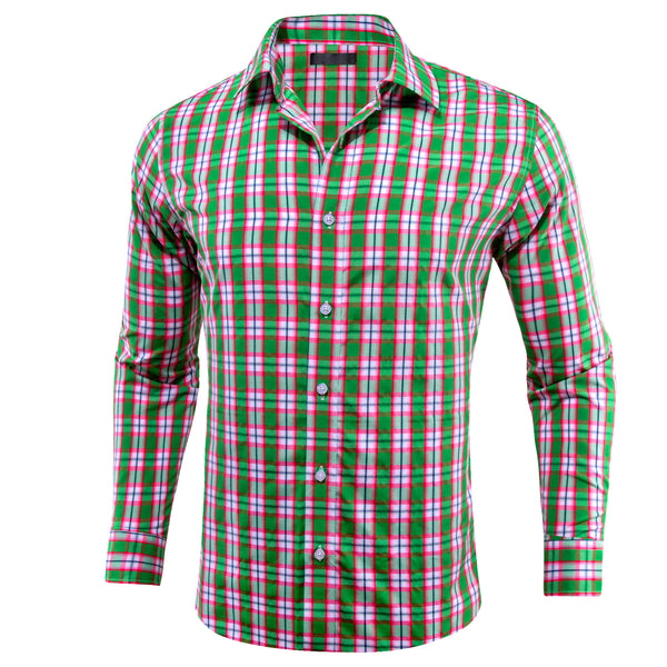 Green Pink Plaid Men's Long Sleeve Work Shirt