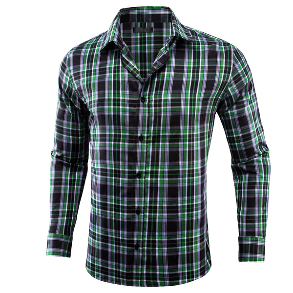 Black Green Plaid Men's Long Sleeve Work Shirt