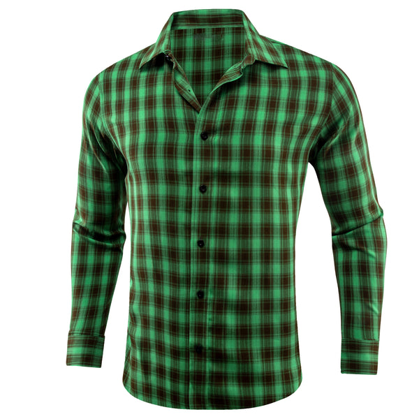 Green Brown Plaid Men's Long Sleeve Work Shirt