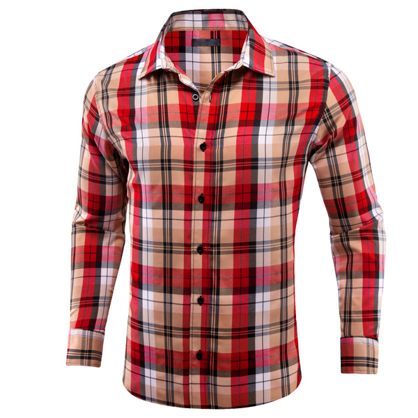Red Brown Plaid Men's Long Sleeve Work Shirt