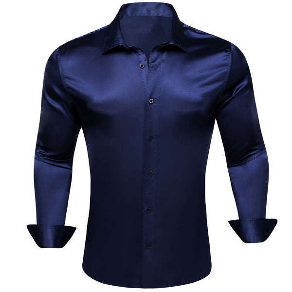Navy Blue Solid Silk Men's Long Sleeve Shirt