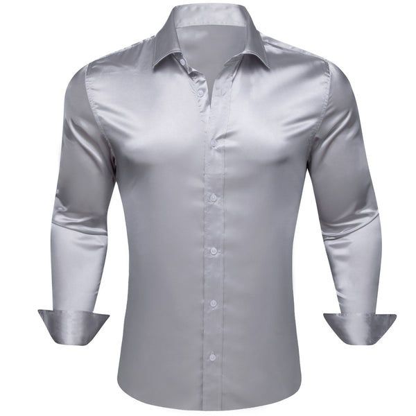 Sliver Grey Solid Silk Men's Long Sleeve Shirt