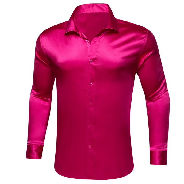DeepPink Solid Silk Men's Long Sleeve Shirt