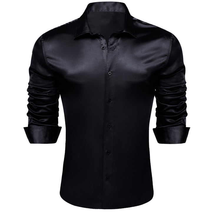 Black Solid Silk Men's Long Sleeve Shirt
